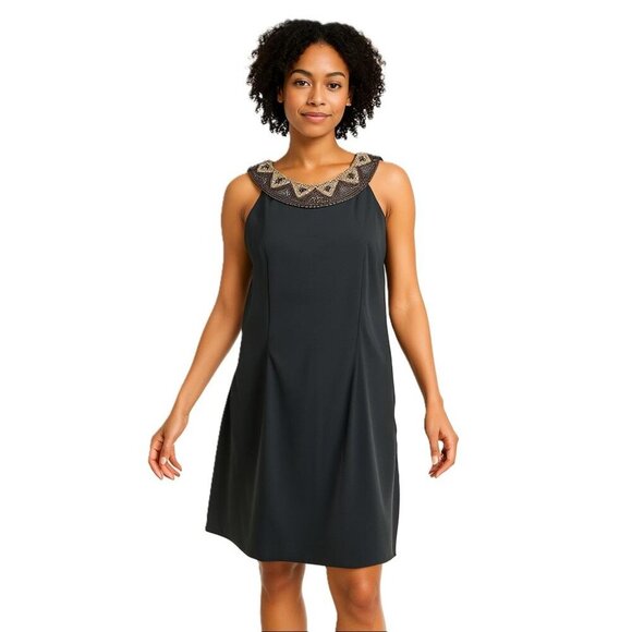 AB Studio Black Beaded Neck Sleeveless Sheath Cocktail Dress Lined Zippered Sz 8 - Picture 1 of 12